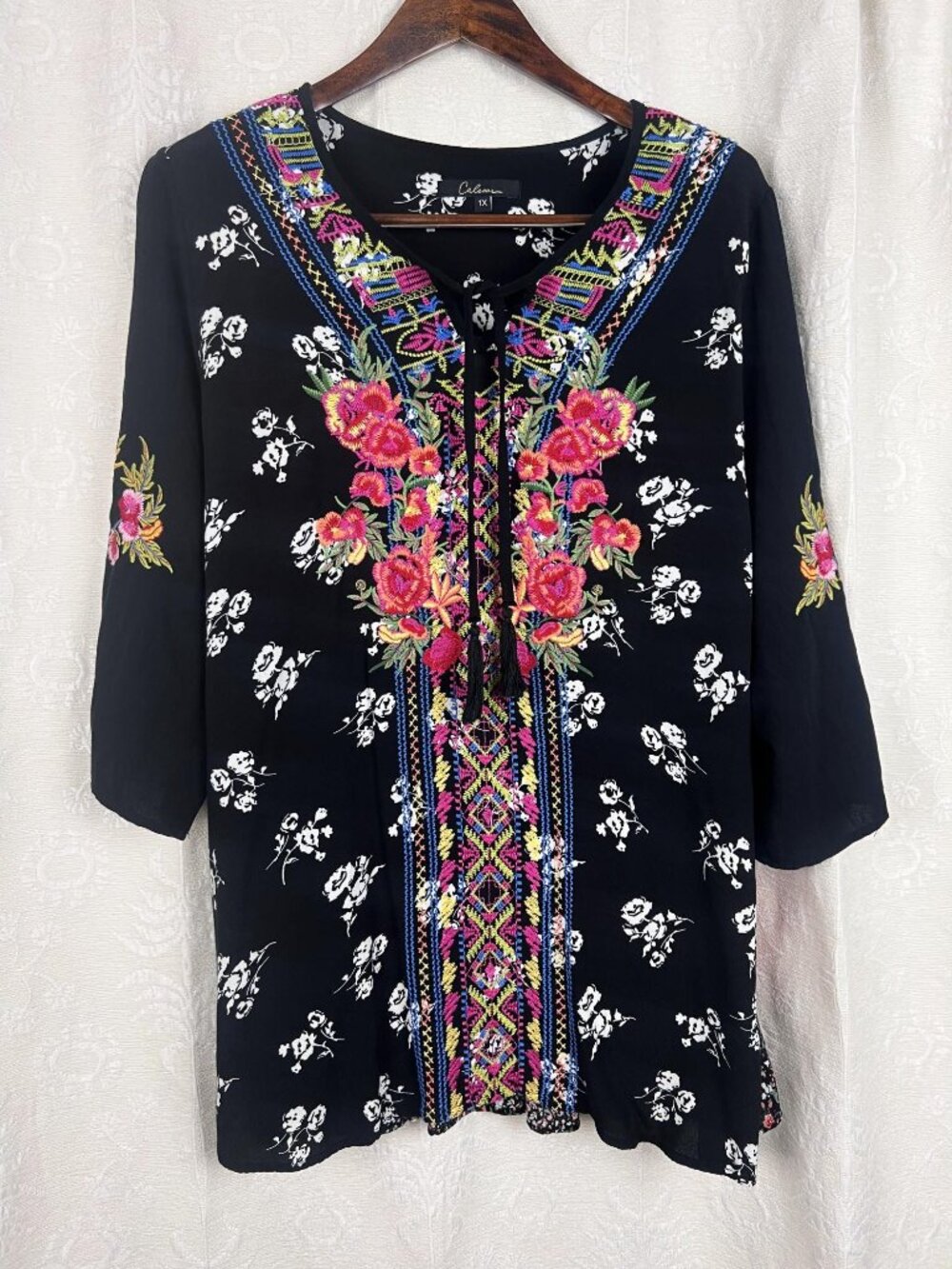 Calessa embroidered mixed print tunic top roll-tab sleeves ruffle tassels boho